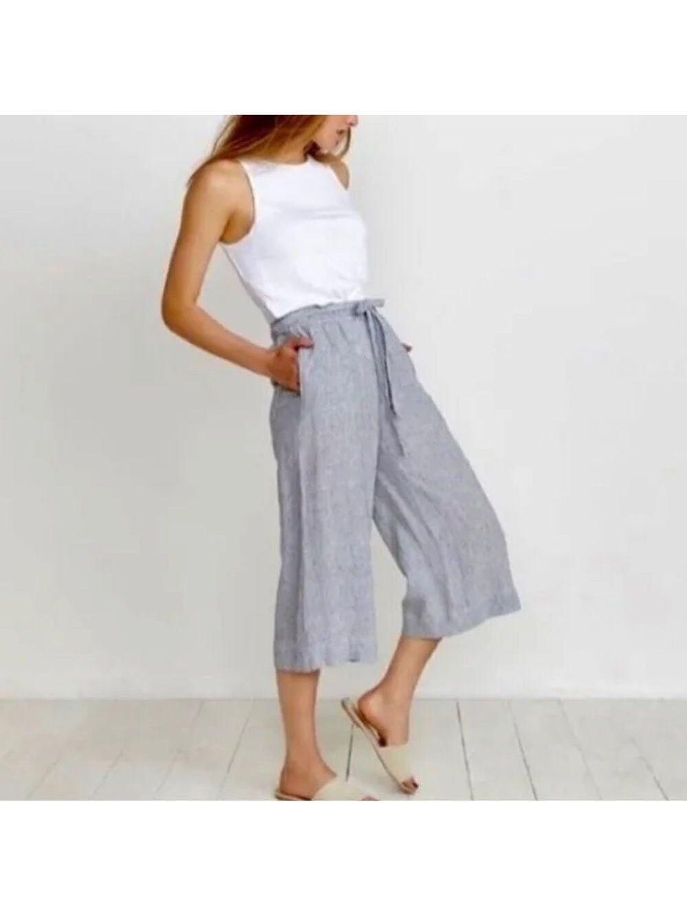 Marine Layer Aly Striped Wide Leg Linen High Waist Cropped Pants